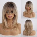 Long Blonde Wavy Wig with Bangs – Dark Roots, Layered Ombre Synthetic Wig for Women
