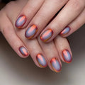 Close-up of hands with multicolored nail polish on a neutral background, Obroi