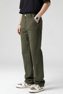 Person wearing olive green pants on a white background, Obroi