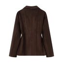 Retro Women Suede Blazer Notched Lapel Double Breasted Fitted Waist Seam Detail Suit Jacket