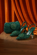 Women's Elegant Green Rhinestone Slingback Heels & Matching Handbag