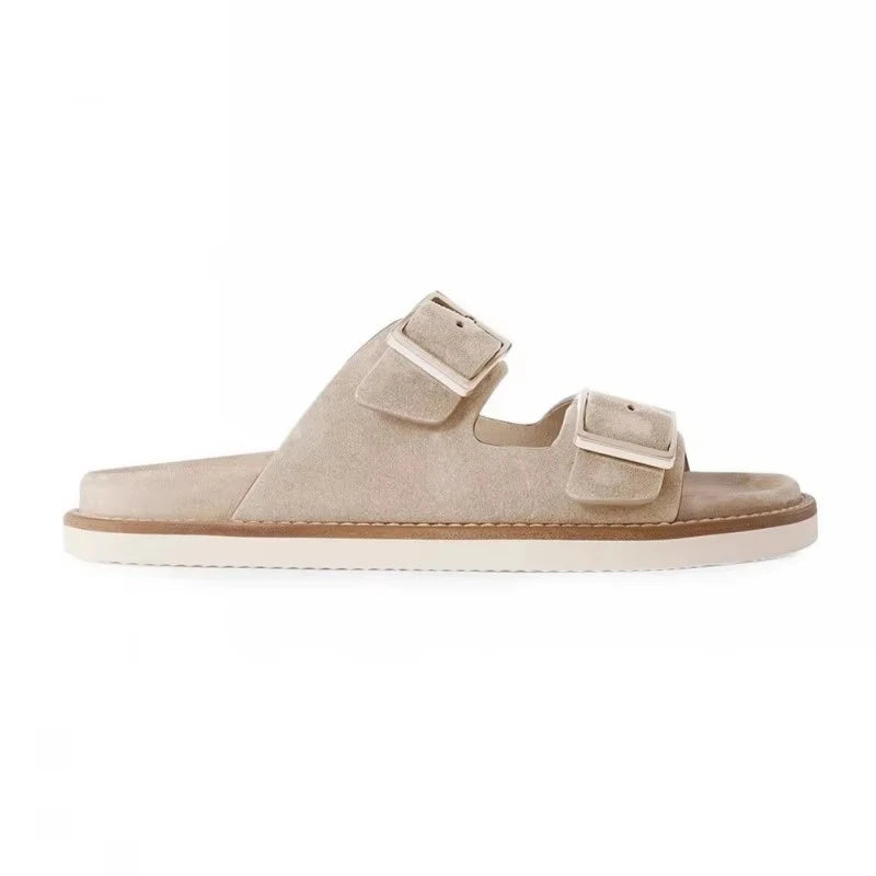 Mens Genuine Leather Slippers Summer Footwear Breathable Beach Shoes Buckle Nubuck Leather Slides