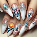 Almond Press on Nails Medium Fake Nails Flower False Nails Glitter Diamond Glue on Nails