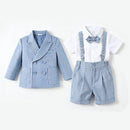 Toddler Baby Boy 3-Pcs Checked Formal Suit Set with Blazer Suspender Shorts Gentleman Outfit