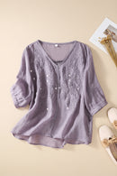 Women Embroidery Loose Literary Retro Top Crew Neck Shirt Ladies Casual Soft Top