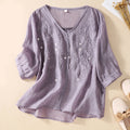 Women Embroidery Loose Literary Retro Top Crew Neck Shirt Ladies Casual Soft Top