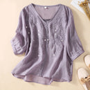 Women Embroidery Loose Literary Retro Top Crew Neck Shirt Ladies Casual Soft Top