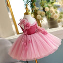 A pink toddler party dress displayed on a white mannequin dress form. The dress features a solid pink satin bodice with a tie, a voluminous tulle tutu skirt, and pink fabric roses on the bodice and waist, Obroi