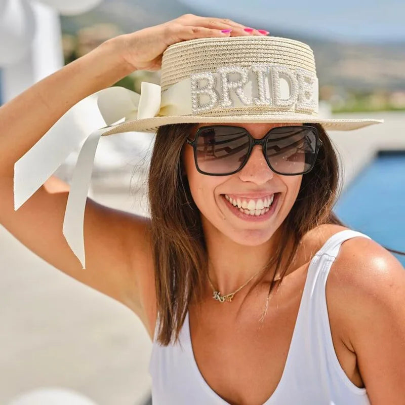 Pearl Bride sun Hat summer beach pool Wedding engagement Party Bridal Shower decoration gift