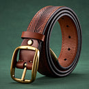 Brown leather belt with gold buckle on a green background, Obroi