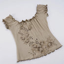 Women's Floral Trim Puff Sleeve T-Shirts Summer Square Neck Slimming Backless Top Tees
