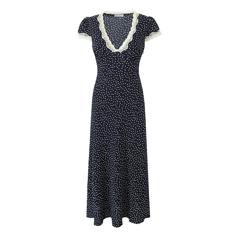 Women Dress Lace Trim Short Sleeve A-line Elegant Holiday Dresses Navy Blue / S