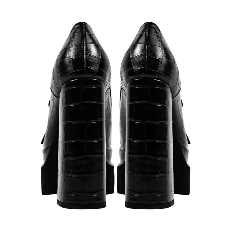 Women Pumps Double Platform Leather Patterned Lace Up Punk Shoes