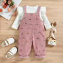 Kids Suit Set Solid Color O-Neck Long Sleeve Tops Floral Suspender Trousers for Girls