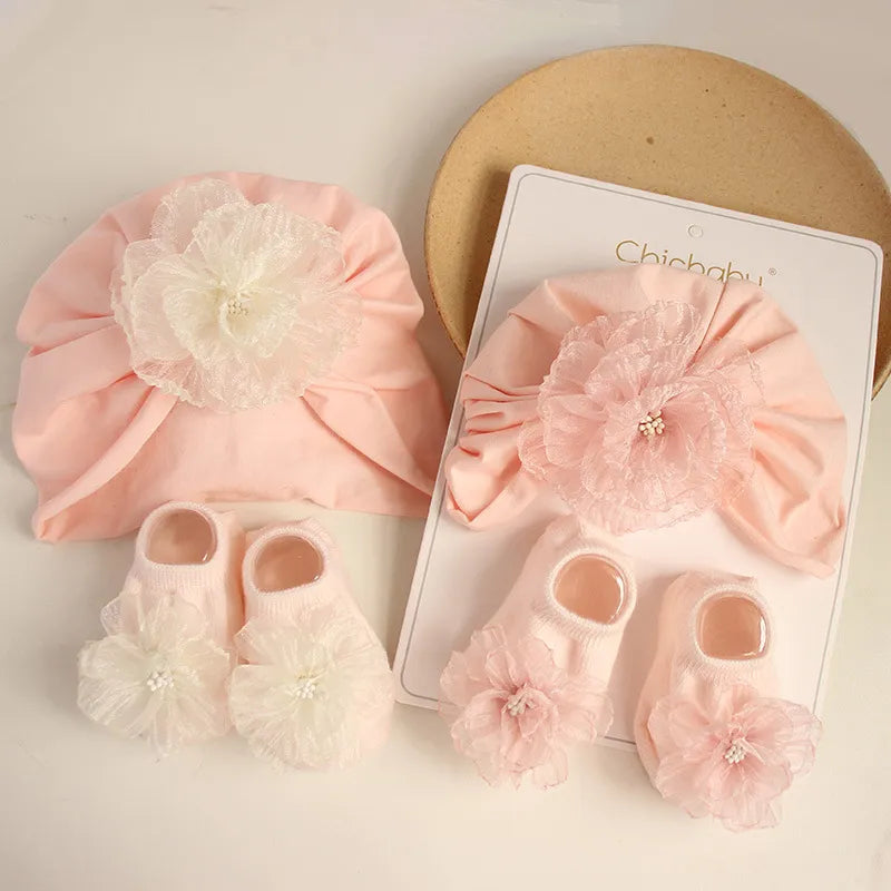 Princess Baby Girls Hat Socks Lace Flower Newborn Cap Headwrap Solid Floral Infant Girls Hats Turban Gift