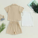 Summer Kids Girl Outfits Solid Color Tops Turn-Down Collar Shirts Elastic Waist Shorts