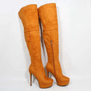 Pair of orange suede over-the-knee high-heeled boots on a white background with 'Obroi' branding.