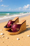 Summer Red Cross Belt Wedges Heel Thick Bottom Wood Pattern Waterproof Platform Beach Slippers Shoes