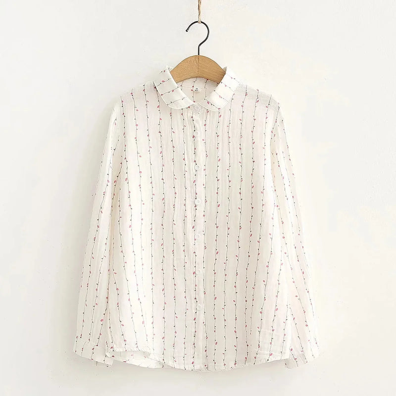 Double-layer Cotton Yarn Shirts Women Autumn Floral Loose Casual Soft Blouse Tops