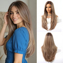 Woman with long brown hair next to a doll with similar hair and two different hairstyles, Obroi