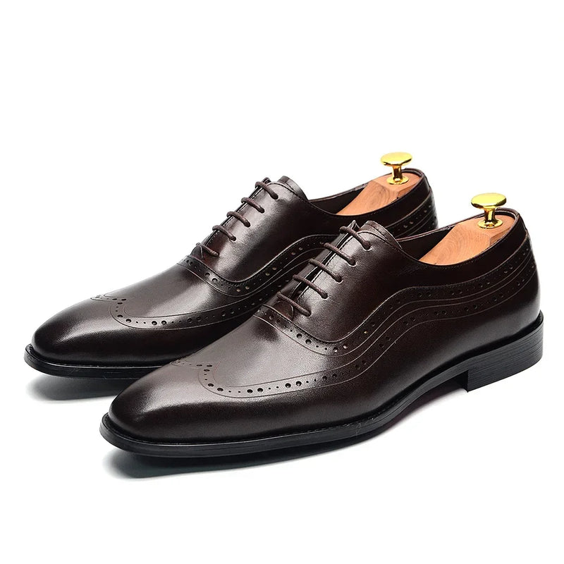 Classic Luxury Mens Dress Shoes Cowhide Genuine Leather Black Brown Lace-up Wingtip Brogue Business Office Formal Shoes for Men