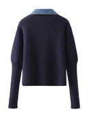 Fall Winter Vintage Woman Denim Patchwork Cardigan Single-breasted Sweater Lapel Knitwear