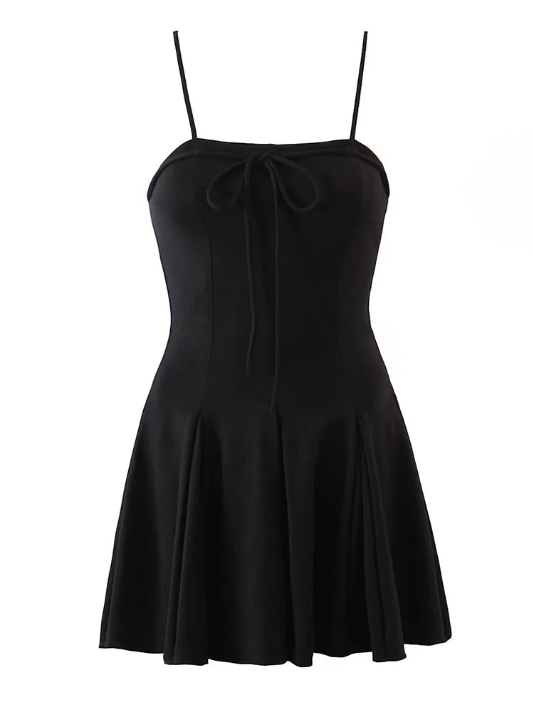 Women Bow Lace Up Sling Sexy Dress Vintage Solid Ladies Short Summer Dress Romantic Female