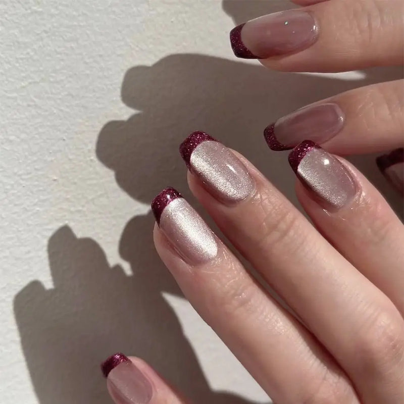 Ballerina and Square False Nails Black Nail Tips Gold Red Edge Glitter Press on Nails