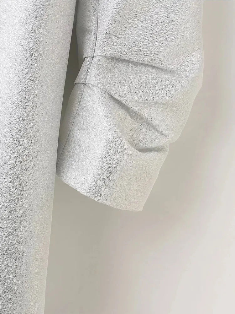 Women Wear Silvery Open Blazer Coat Vintage Long Sleeve With Pleated Female Outerwear Chic Coat
