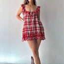 Ruffle Edge Holiday Mini Dresses Beach Dress Plaid Loose Women's Short Dress