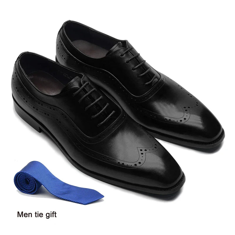 Classic Luxury Mens Dress Shoes Cowhide Genuine Leather Black Brown Lace-up Wingtip Brogue Business Office Formal Shoes for Men
