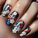 Nails with floral design on a black background, Obroi