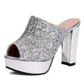 A single silver glitter mule sandal with a chunky metallic silver block heel, platform sole, and open peep toe, shown against a plain white background, Obroi