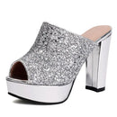 A single silver glitter mule sandal with a chunky metallic silver block heel, platform sole, and open peep toe, shown against a plain white background, Obroi