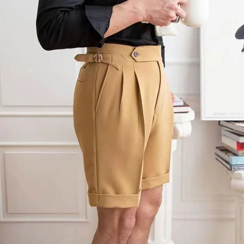 Naples Suit Shorts Men Smart Casual Waist Buckle Button Knee Length Pants Summer