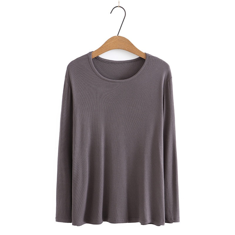 Autumn T-Shirt Women Clothing High Stretch Slim Fit Cotton Tops Basics O-Neck Long Sleeve Solid Tees