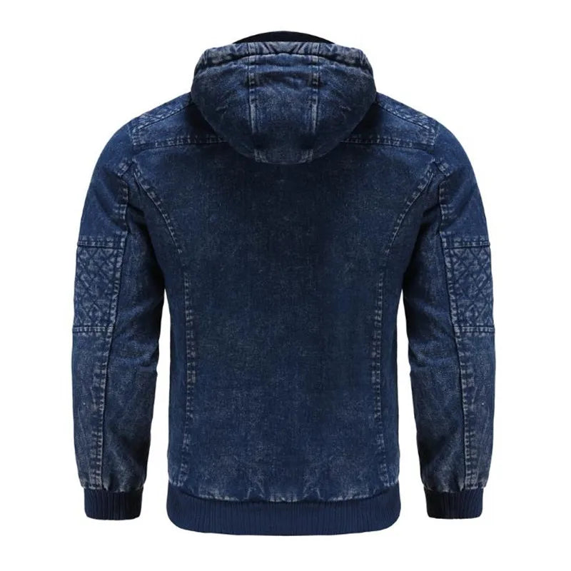 Winter Denim jacket plus velvet warm solid thick casual jacket men's cotton Denim jacket warm coat Hooded