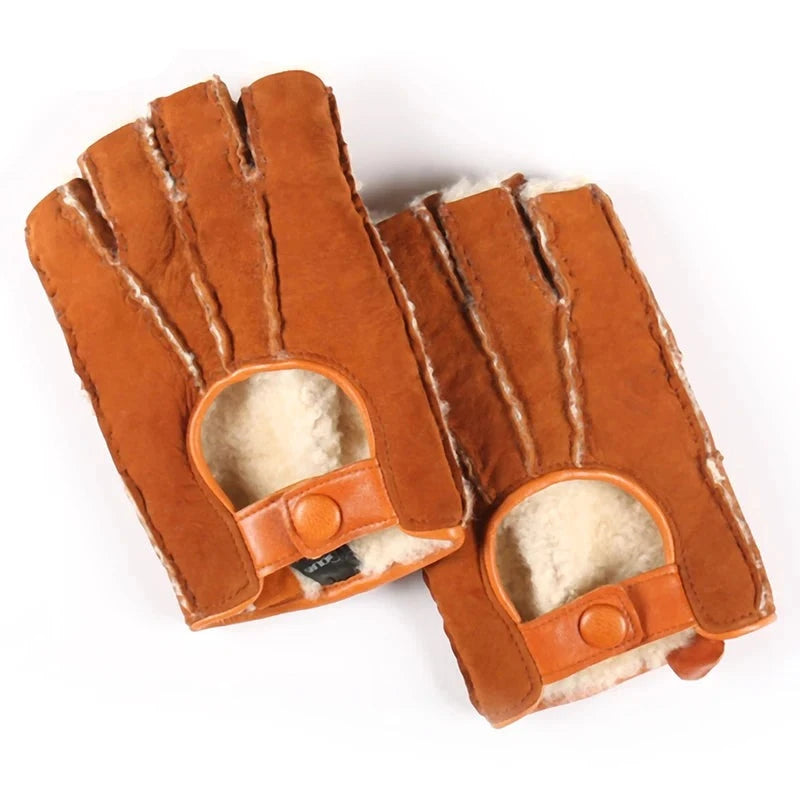 Winter Real Leather Gloves Genuine Leather Fingerless Gloves Natural Wool Lined Warm