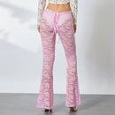 Floral Lace Sheer Flare Pants High Waist Cuffs Long Pant Fairy Coquette 90s Trousers Women Clubwear