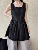 Chic Spliced Black Stringy Selvedge Seam Vest Top Women's Summer Lace Hem Sleeveless Tops