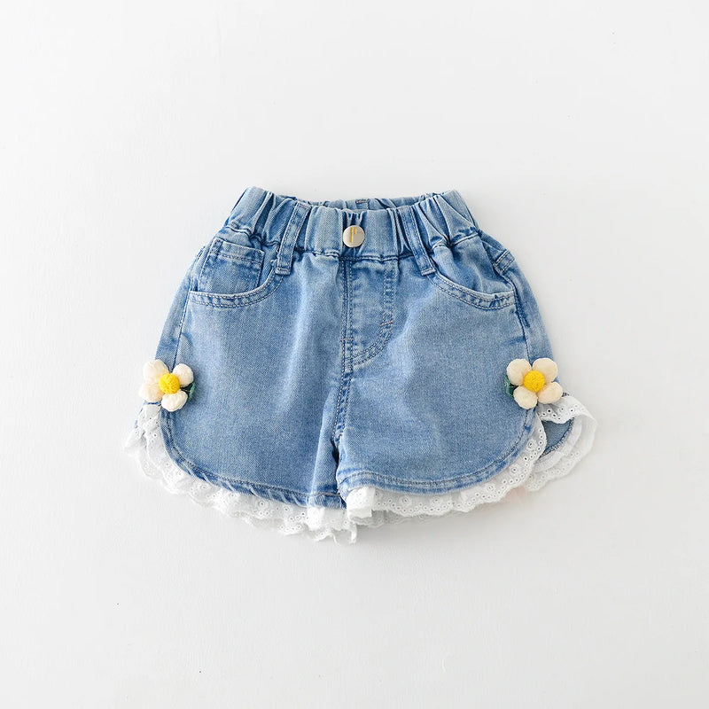 Summer Baby Children Clothing Girls Sweet Shorts Lace Small Flower Thin Denim Pants