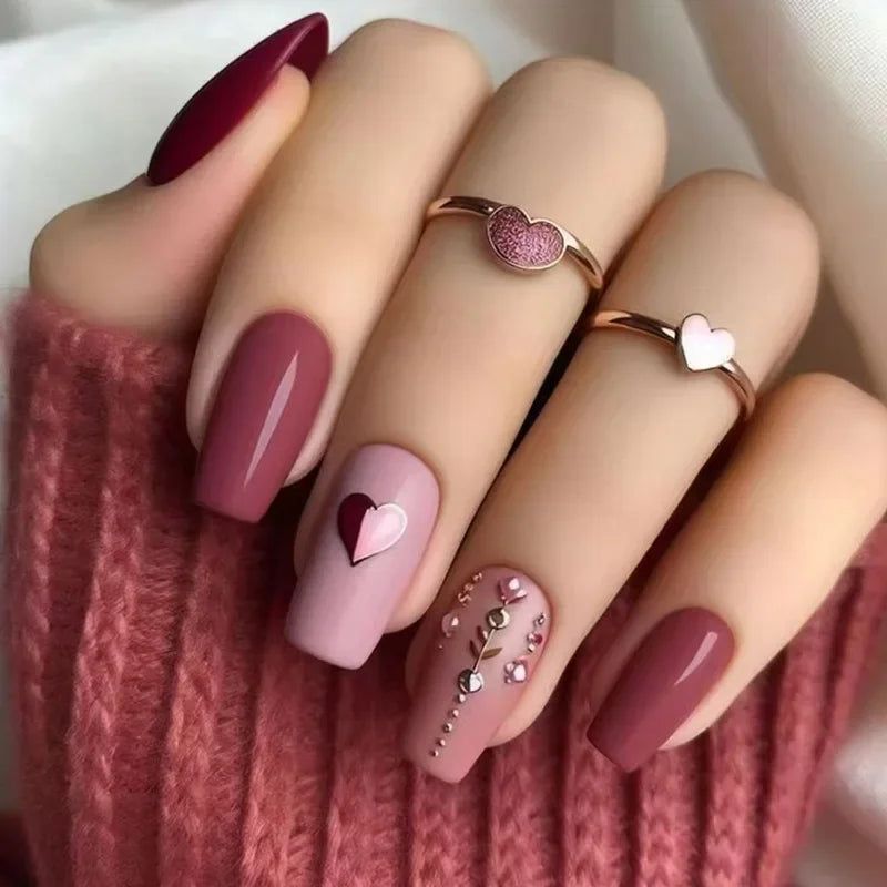 Matte Short Square Nails Wearable Floral Love Heart Design Press on Full Over Nail Tip Art