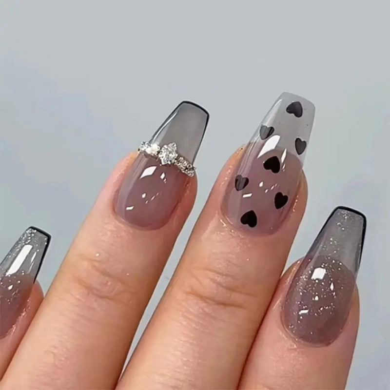 Reusable Spice Glitter False Nail Gilt Flower Smudging Love Press on Nails for Women Girl