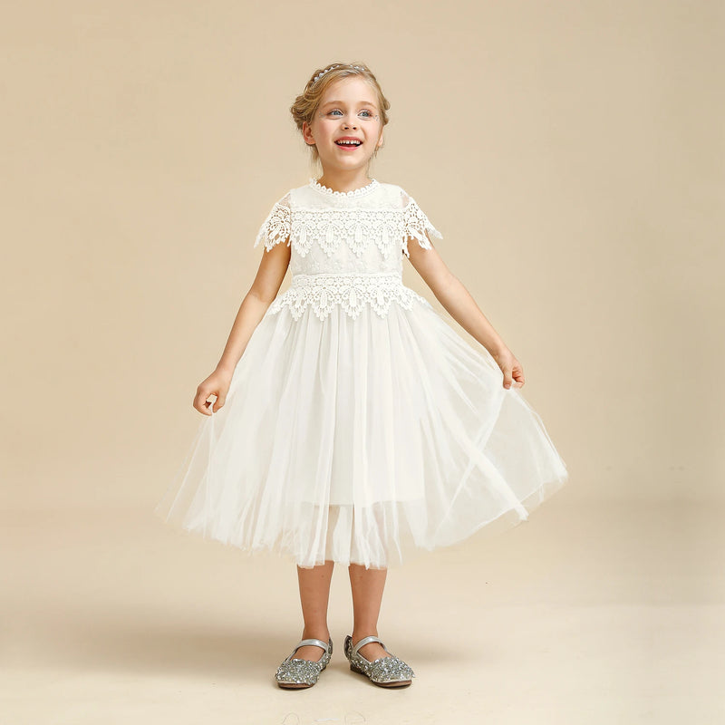 Summer Vintage Lace Tulle Dress Flower Elegant Kids Princess Dresses for Wedding Birthday Party Costume Girl Clothes