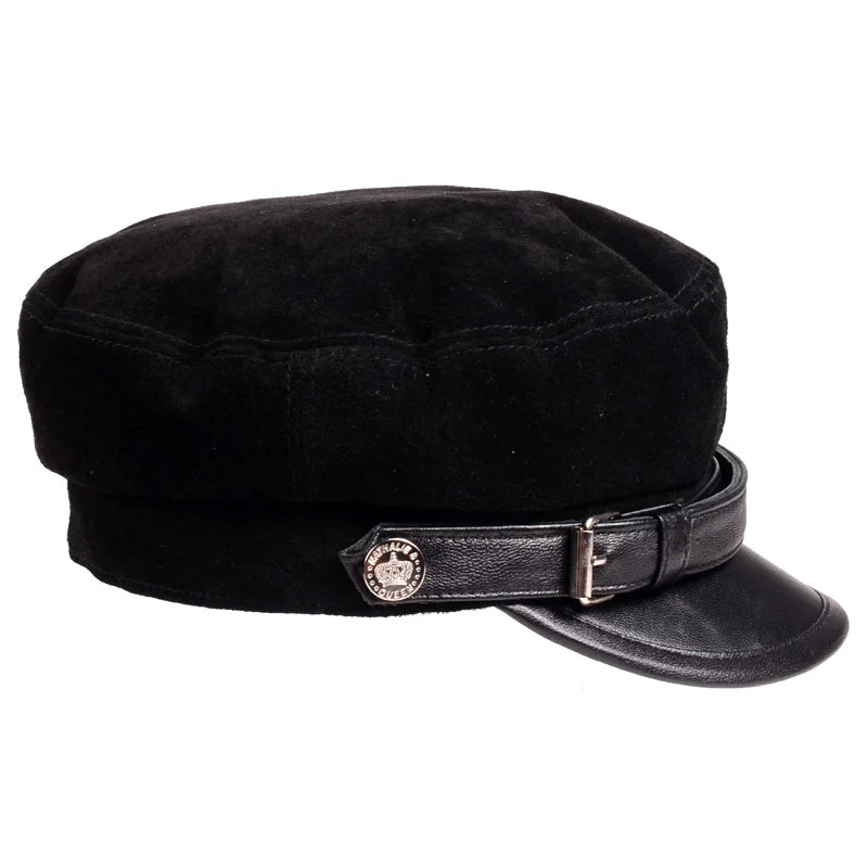 Leather Hats For Men Women Winter Vintage Thin Black Motorcycle Berets Cap With Belt Male Student Cadet