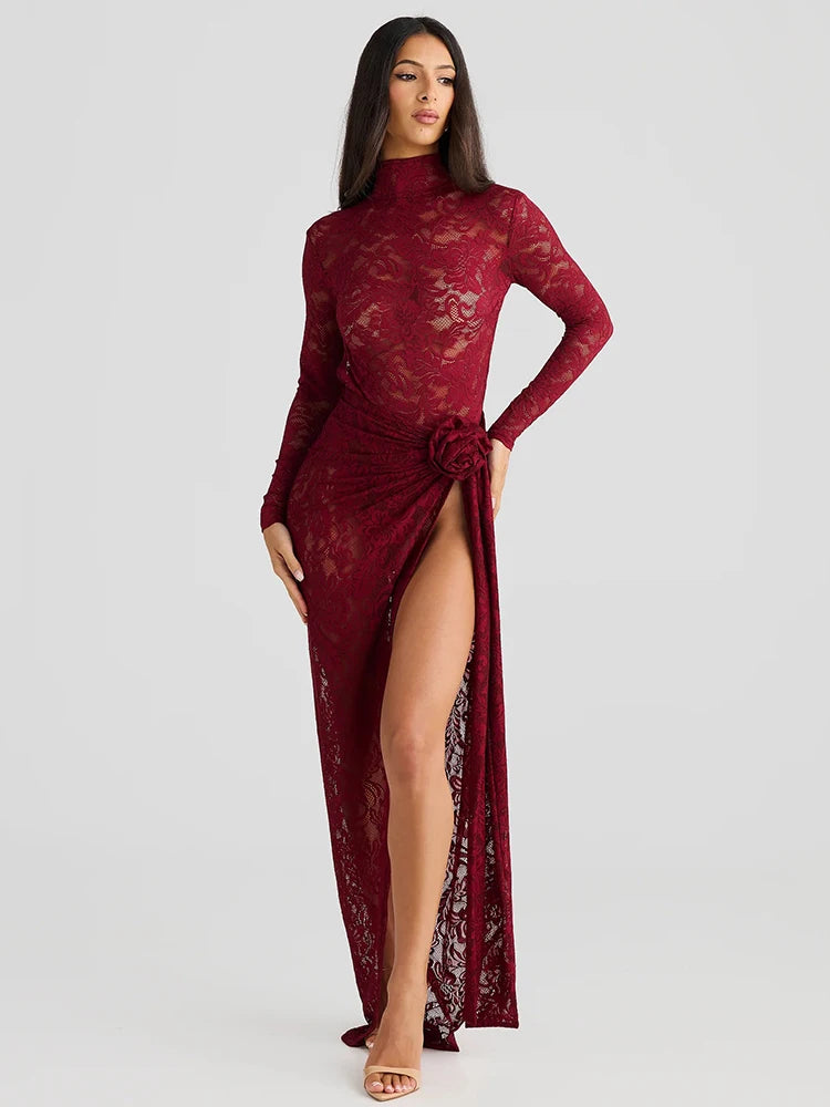 Women Turtleneck Long Sleeve T-shirt And Floral Maxi Skirt Matching Sets Club Party Split Sets