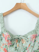 Women Summer Sweet Floral Cute Square Collar Sleeveless Midi Dress Slim Backless Chic Split Tank Dresses