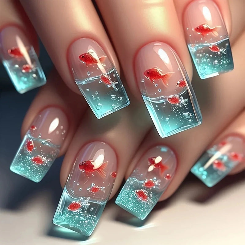 24pcs/set Medium long fake nails Swan fish flowers for summer season gradient almond square ballet tips press on false nails