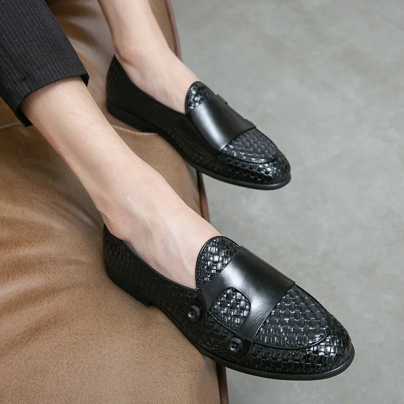 Weave Leather Monk Shoes Men Buckle Loafers Moccasins Men Flats