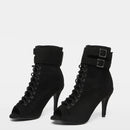 Black high-heeled shoes with lace-up design on a white background, labeled as fashion Latin dance shoes.